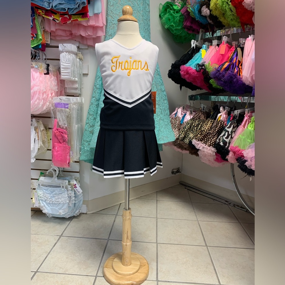 Childs Size 12 Black & Gold Trojans Mascot Logo Cheerleading Uniform Set NWT
